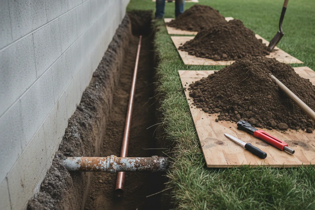 Excavated water line trench during Water Heater Repair in Axtell